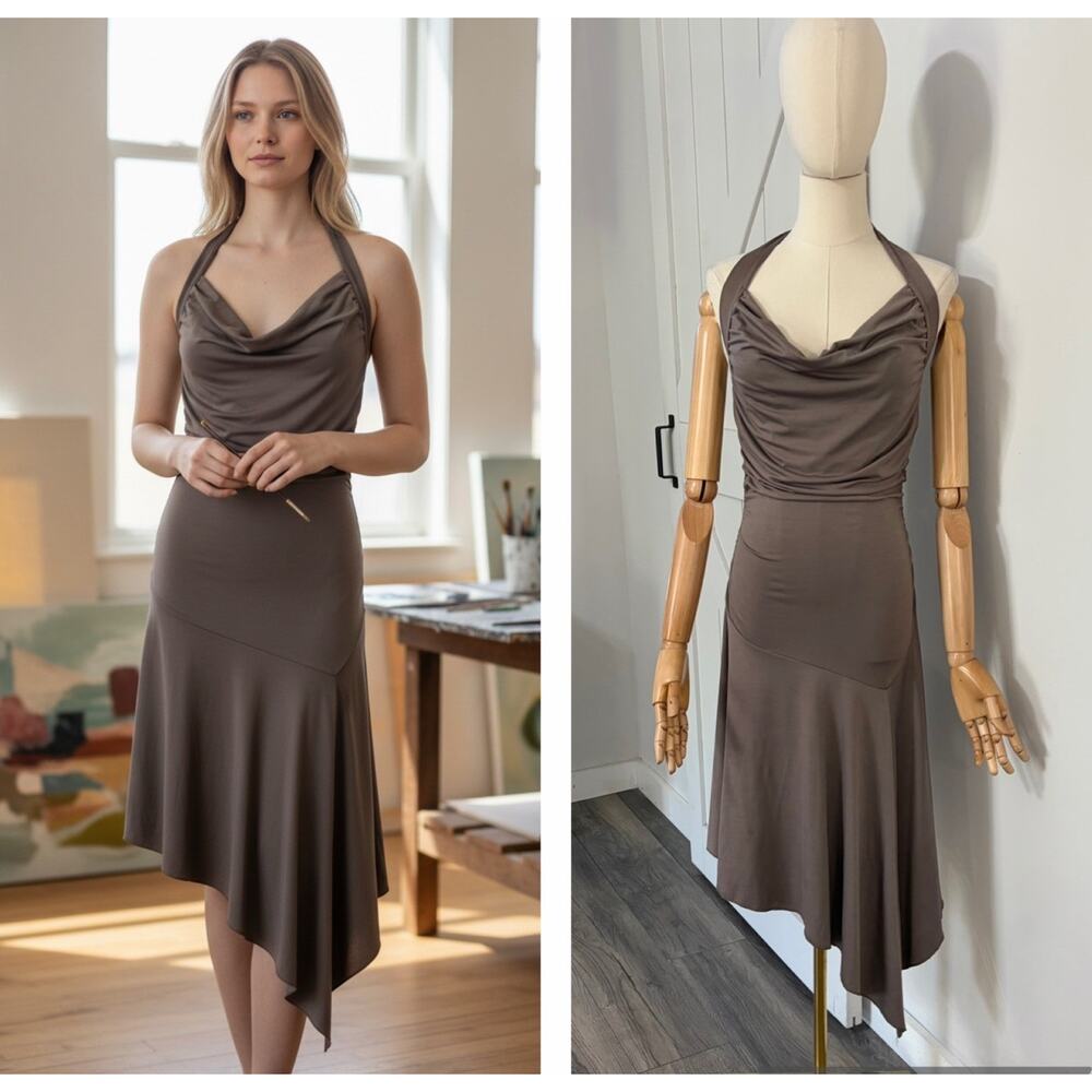 Charlotte Russe Size S Taupe Halter Ruched Handkerchief Hem Dress Y2K Fairycore
